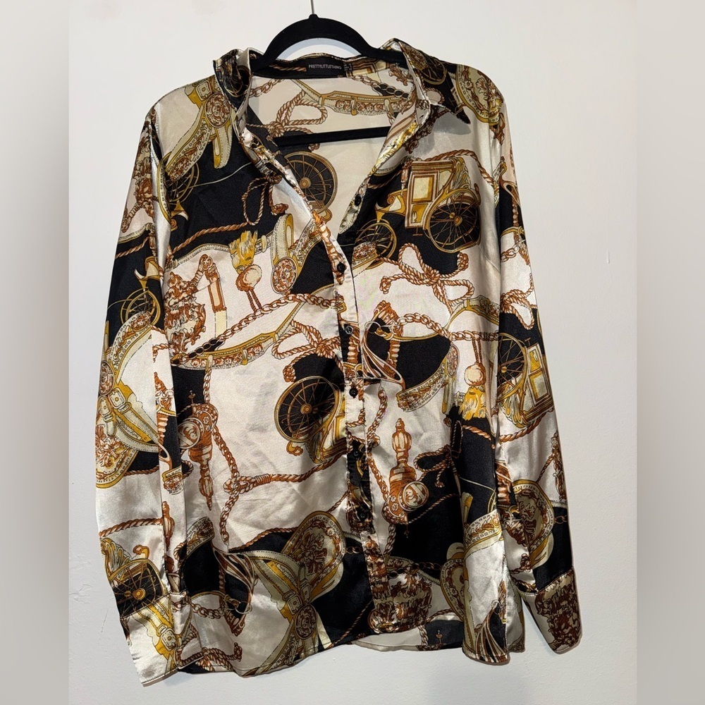 🎉PrettyLittleThing Women Black and Gold Rope Button Down Satin Shirt Size 8